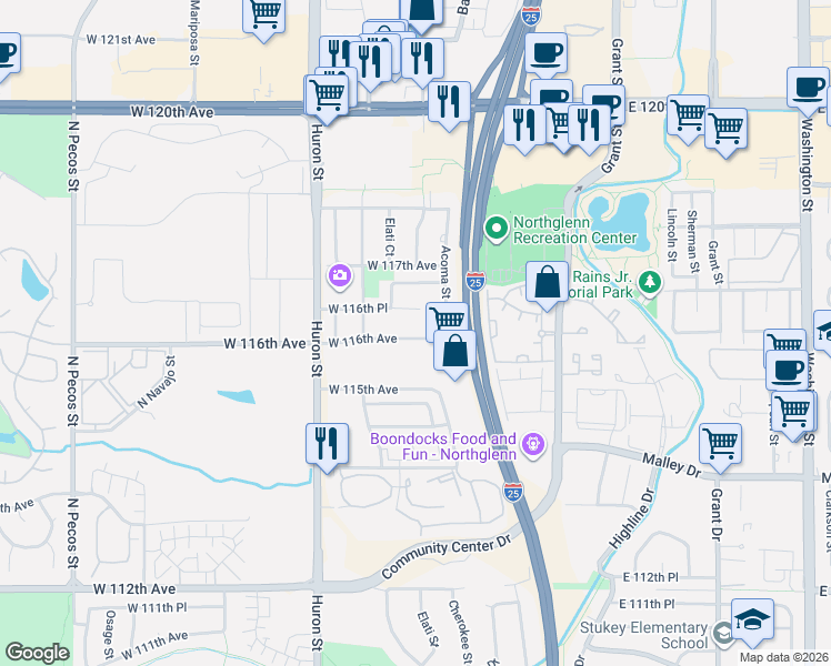 map of restaurants, bars, coffee shops, grocery stores, and more near 345 West 116th Avenue in Northglenn