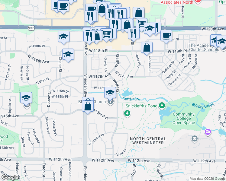 map of restaurants, bars, coffee shops, grocery stores, and more near 4890 West 116th Court in Westminster