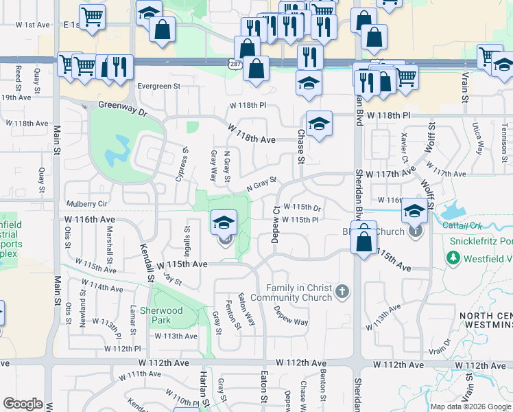 map of restaurants, bars, coffee shops, grocery stores, and more near 5797 West 115th Court in Broomfield