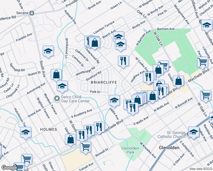 map of restaurants, bars, coffee shops, grocery stores, and more near 724 Crescent Drive in Glenolden