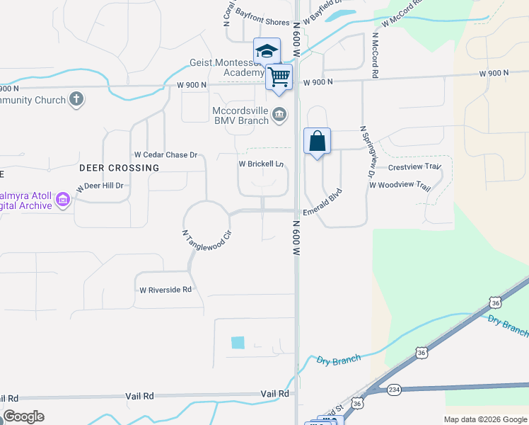 map of restaurants, bars, coffee shops, grocery stores, and more near 6119 West Jamison Drive in McCordsville