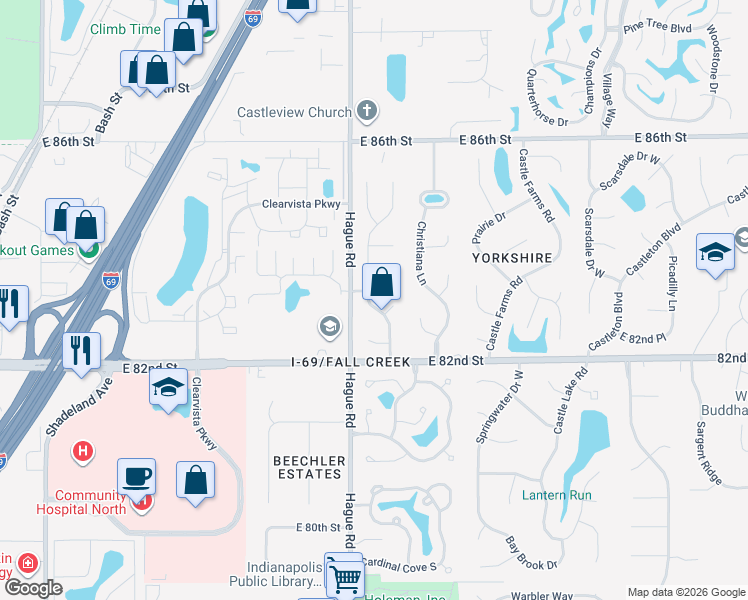 map of restaurants, bars, coffee shops, grocery stores, and more near 8312 Castle Ridge Lane in Indianapolis