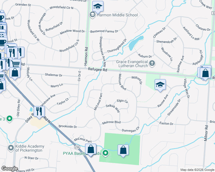 map of restaurants, bars, coffee shops, grocery stores, and more near 1013 McLeod Parc in Pickerington