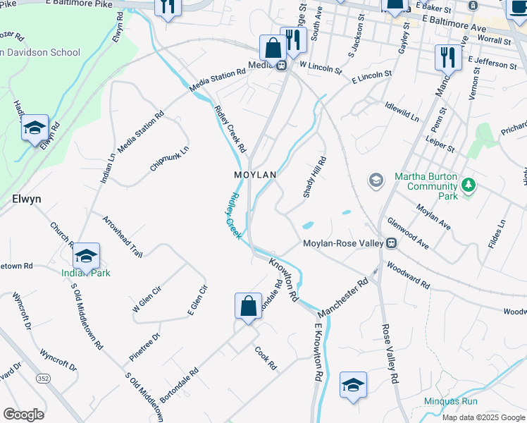 map of restaurants, bars, coffee shops, grocery stores, and more near 8 Rose Hill Road in Media