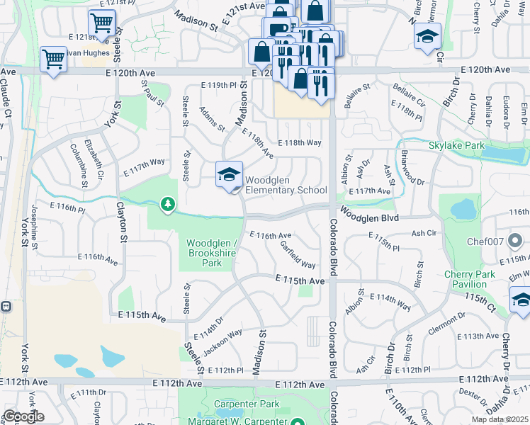 map of restaurants, bars, coffee shops, grocery stores, and more near 3725 Woodglen Boulevard in Thornton