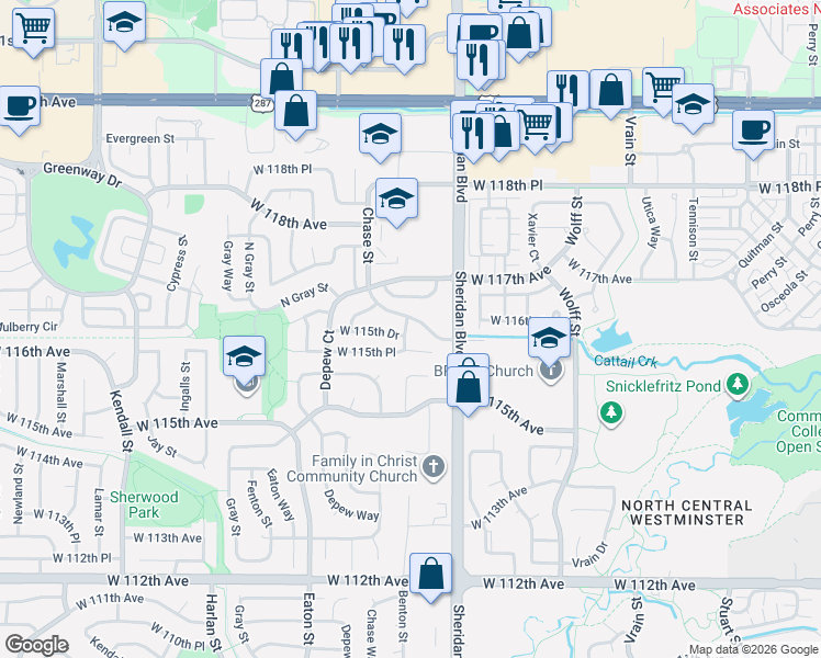 map of restaurants, bars, coffee shops, grocery stores, and more near 11580 Benton Court in Broomfield