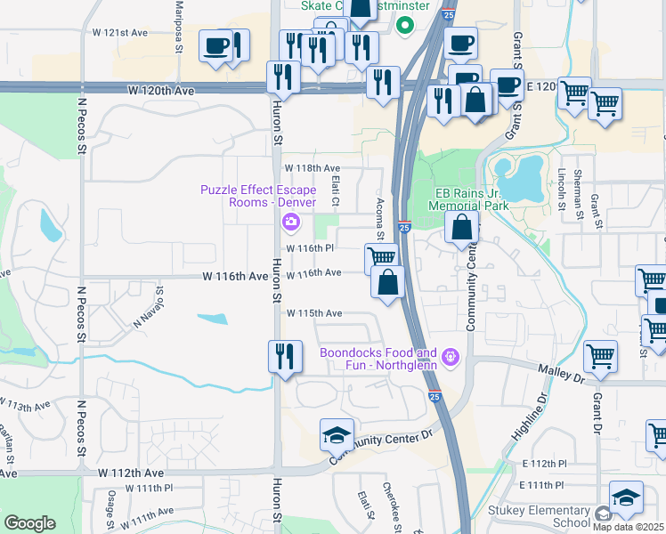 map of restaurants, bars, coffee shops, grocery stores, and more near 525 West 116th Avenue in Northglenn