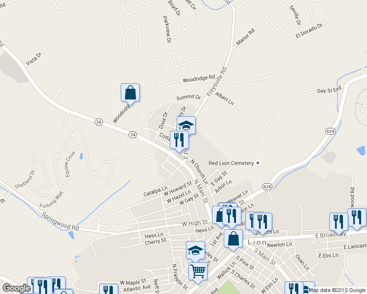 map of restaurants, bars, coffee shops, grocery stores, and more near 304 Cottage Place in Red Lion