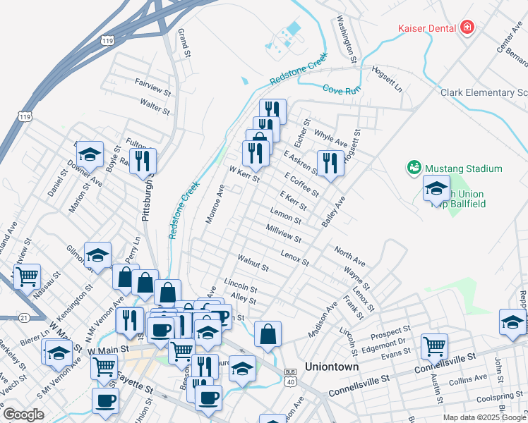 map of restaurants, bars, coffee shops, grocery stores, and more near 24 Lemon St in Uniontown