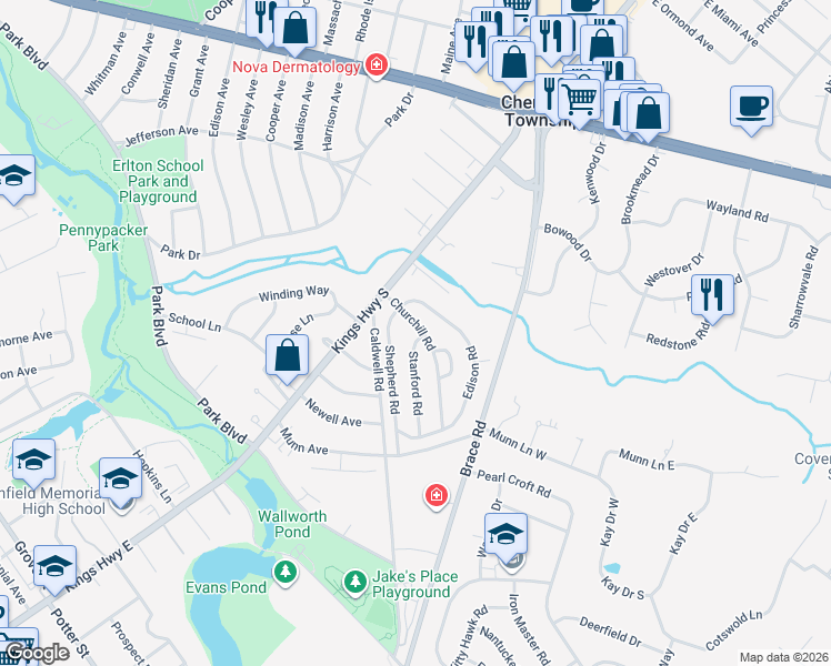 map of restaurants, bars, coffee shops, grocery stores, and more near 31 Churchill Road in Cherry Hill