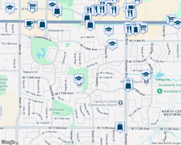 map of restaurants, bars, coffee shops, grocery stores, and more near 11584 Eaton Court in Broomfield
