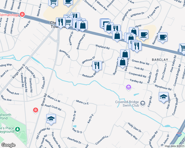 map of restaurants, bars, coffee shops, grocery stores, and more near 224 Red Stone Ridge in Cherry Hill Township