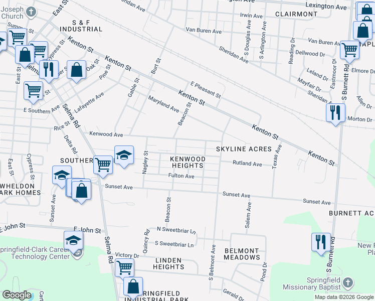 map of restaurants, bars, coffee shops, grocery stores, and more near 1800 Rutland Avenue in Springfield