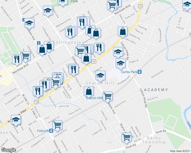 map of restaurants, bars, coffee shops, grocery stores, and more near 221 Sharon Avenue in Sharon Hill