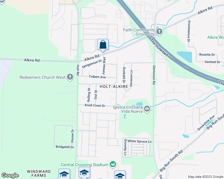 map of restaurants, bars, coffee shops, grocery stores, and more near 4242 Honey Bee Court in Grove City