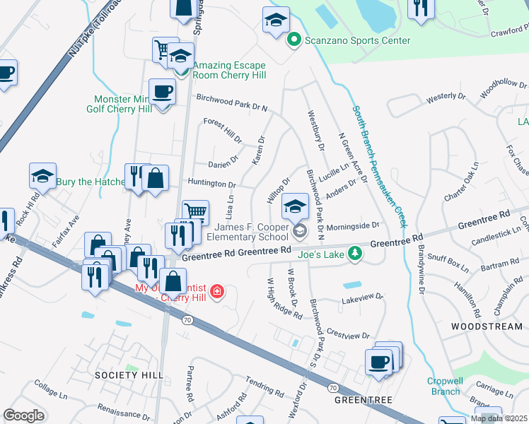 map of restaurants, bars, coffee shops, grocery stores, and more near 8 Hilltop Drive in Cherry Hill