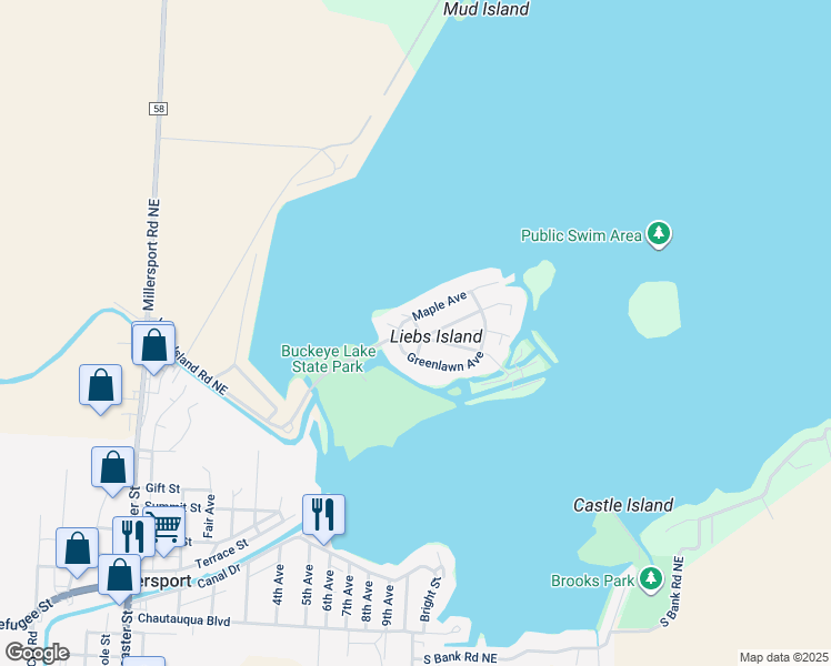 map of restaurants, bars, coffee shops, grocery stores, and more near 12627 Park Place in Millersport