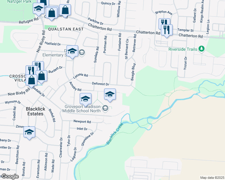 map of restaurants, bars, coffee shops, grocery stores, and more near 3572 Arnsby Road in Columbus