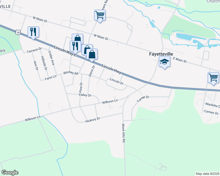 map of restaurants, bars, coffee shops, grocery stores, and more near 120 Lincoln Drive in Fayetteville