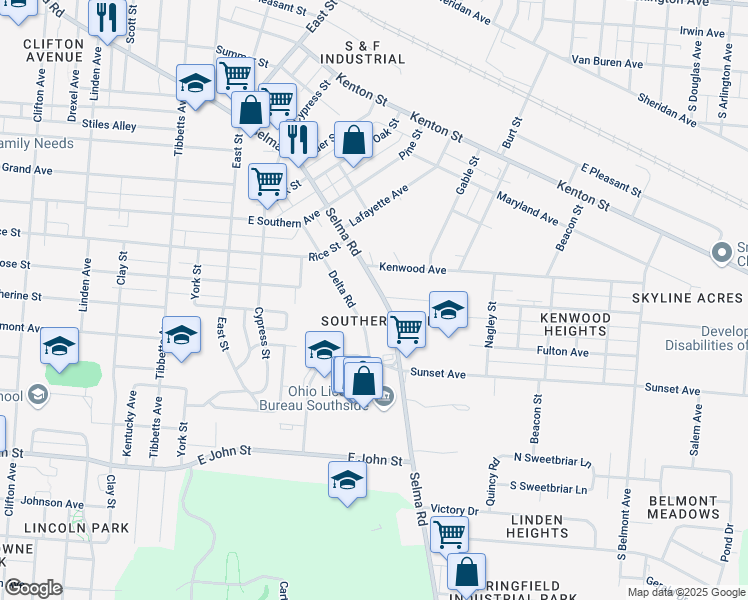 map of restaurants, bars, coffee shops, grocery stores, and more near 1401 Selma Road in Springfield