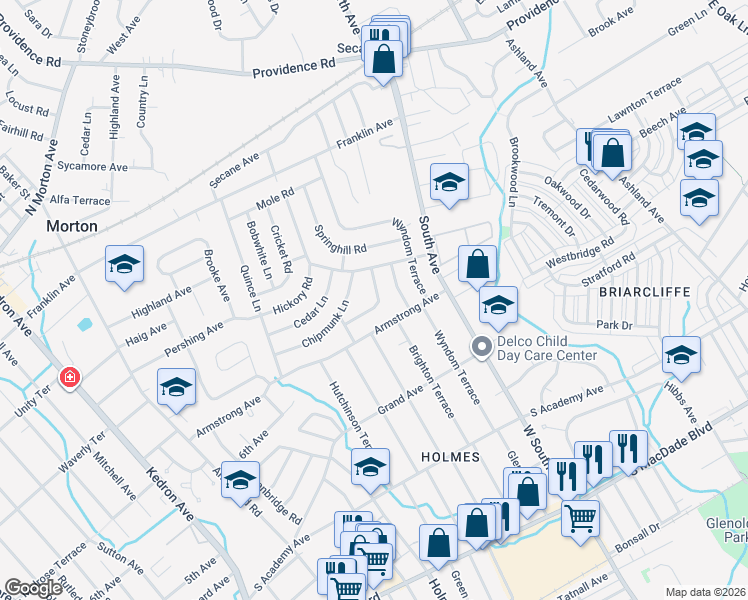 map of restaurants, bars, coffee shops, grocery stores, and more near 2623 Wood Road in Delaware County