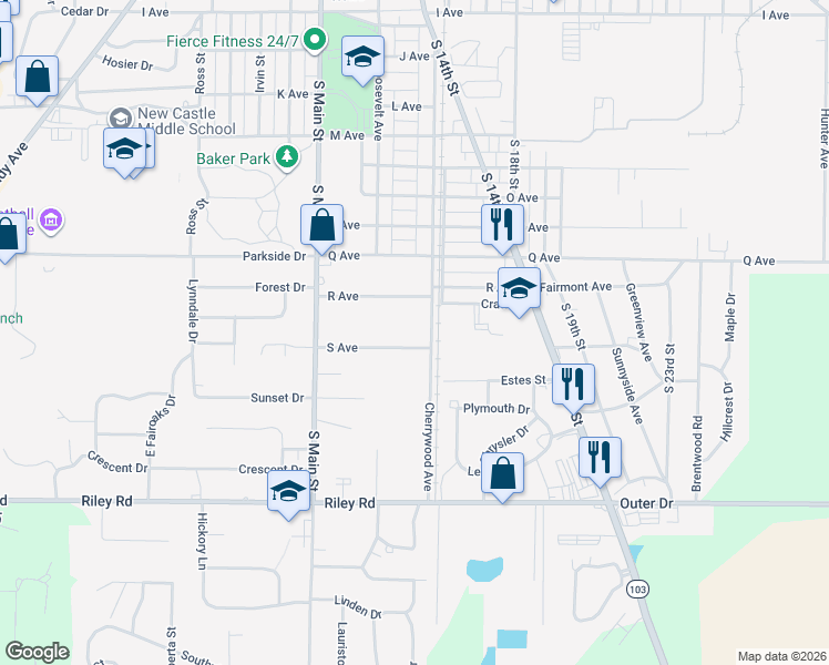 map of restaurants, bars, coffee shops, grocery stores, and more near 2621 Cherrywood Ave in New Castle