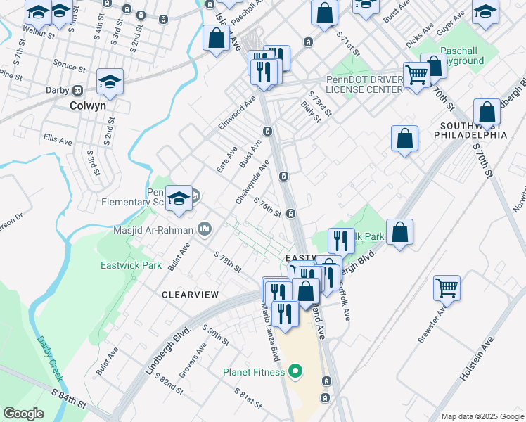 map of restaurants, bars, coffee shops, grocery stores, and more near 2712 South 76th Street in Philadelphia