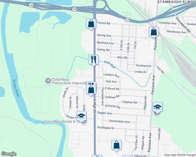 map of restaurants, bars, coffee shops, grocery stores, and more near 19 East Castle Road in Columbus