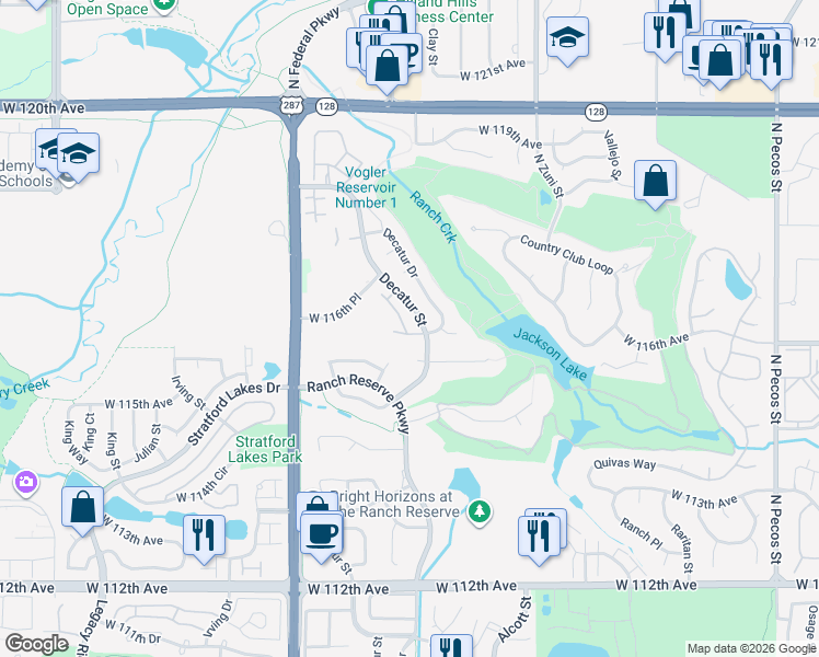 map of restaurants, bars, coffee shops, grocery stores, and more near 11567 Decatur Street in Westminster
