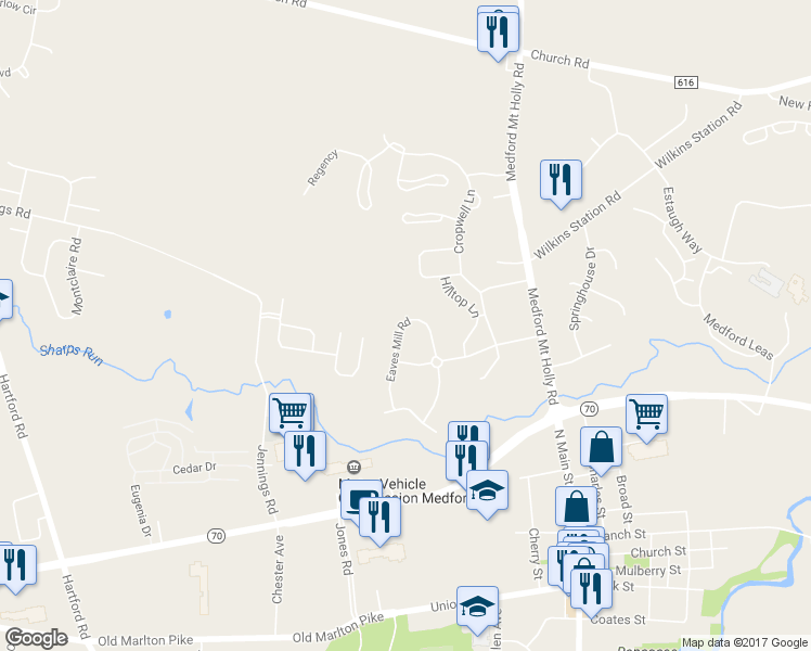 map of restaurants, bars, coffee shops, grocery stores, and more near 109 Eaves Mill Road in Medford