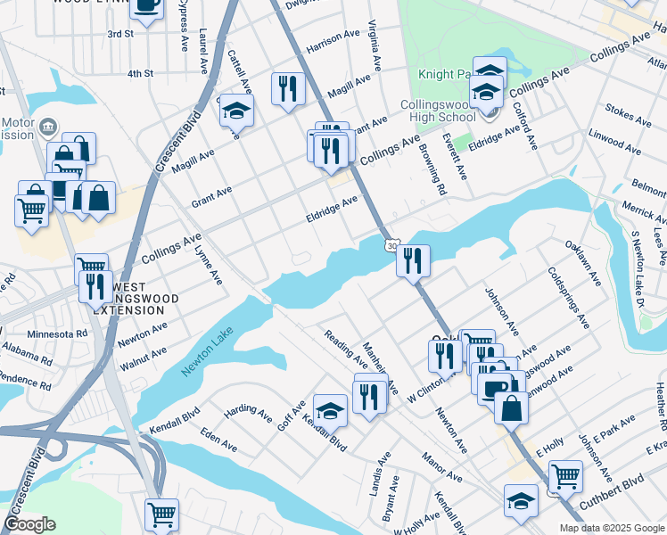 map of restaurants, bars, coffee shops, grocery stores, and more near 798 Cattell Avenue in Collingswood