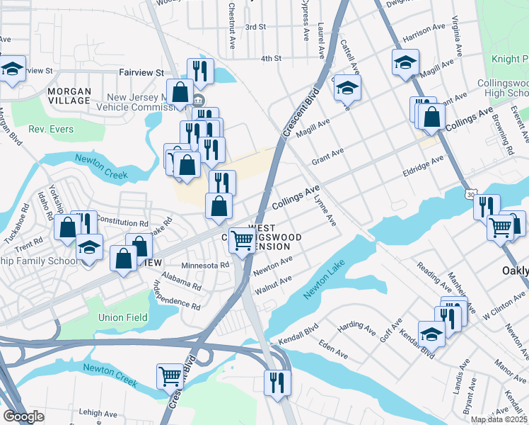 map of restaurants, bars, coffee shops, grocery stores, and more near 1250 West Collings Avenue in Haddon Township