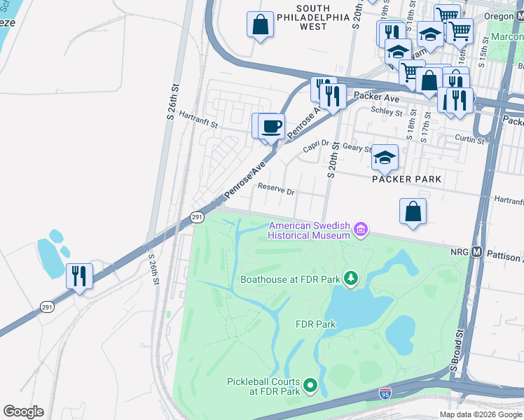 map of restaurants, bars, coffee shops, grocery stores, and more near 3519 West Reserve Drive in Philadelphia