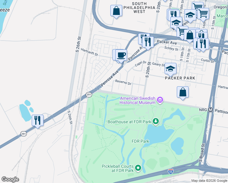 map of restaurants, bars, coffee shops, grocery stores, and more near 3519 West Reserve Drive in Philadelphia