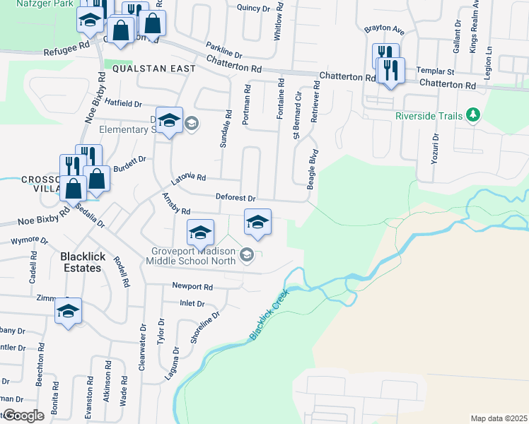map of restaurants, bars, coffee shops, grocery stores, and more near 3572 Arnsby Road in Columbus
