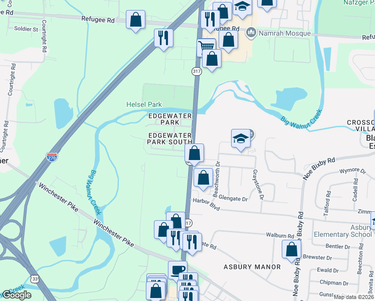 map of restaurants, bars, coffee shops, grocery stores, and more near 3424 Ohio 317 in Columbus
