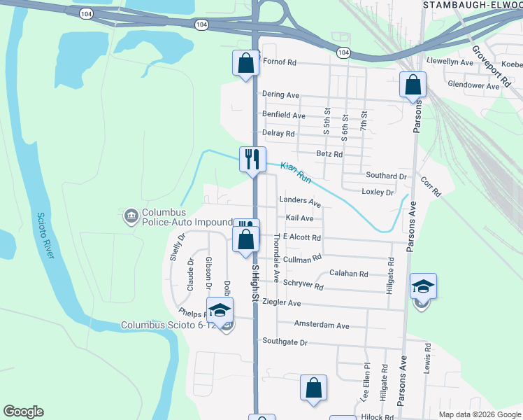map of restaurants, bars, coffee shops, grocery stores, and more near 19 East Castle Road in Columbus