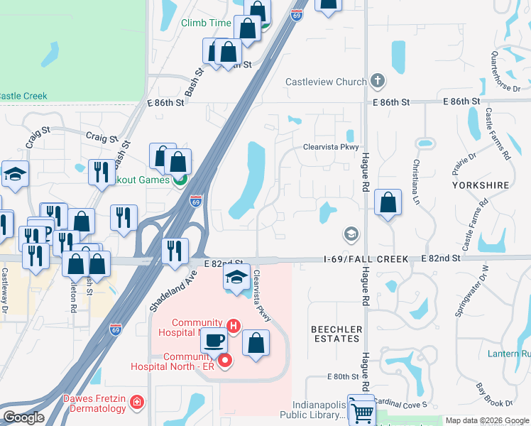 map of restaurants, bars, coffee shops, grocery stores, and more near 8339 Heatherton Drive in Indianapolis