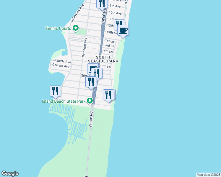 map of restaurants, bars, coffee shops, grocery stores, and more near 1 21st Avenue in Seaside Park