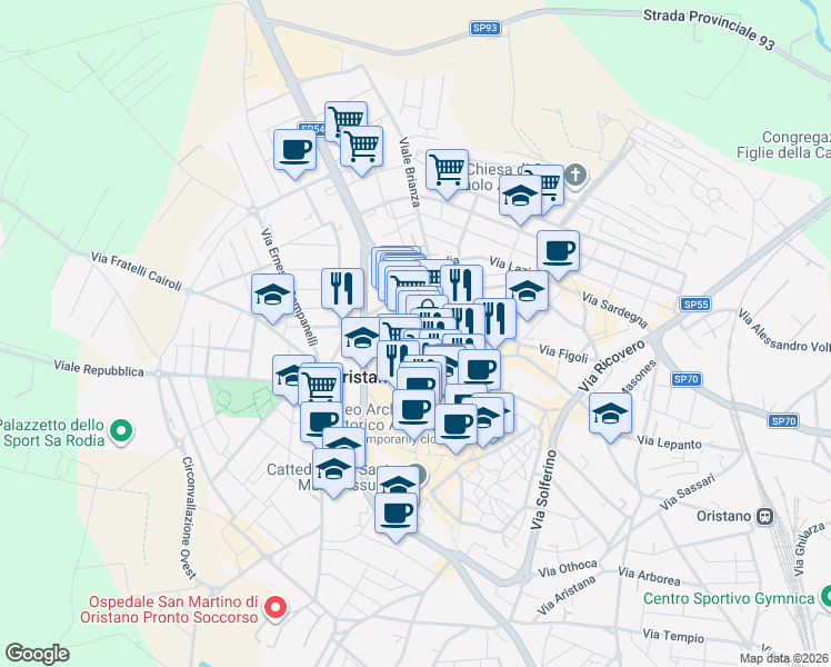 map of restaurants, bars, coffee shops, grocery stores, and more near 63 Via Tirso in Oristano