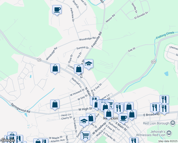 map of restaurants, bars, coffee shops, grocery stores, and more near 100 East Prospect Street in Red Lion