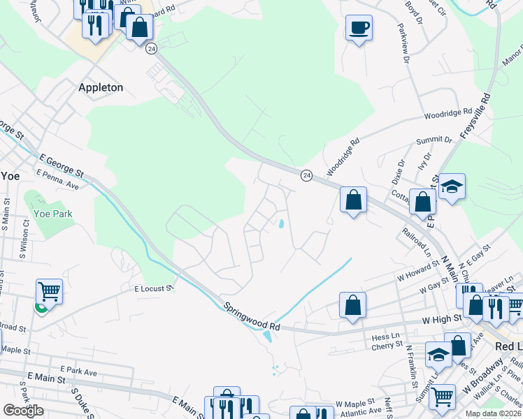 map of restaurants, bars, coffee shops, grocery stores, and more near 218 Equine Cove in Red Lion