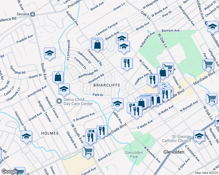 map of restaurants, bars, coffee shops, grocery stores, and more near 730 Crescent Drive in Glenolden