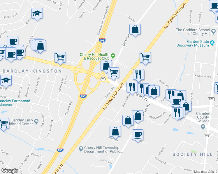 map of restaurants, bars, coffee shops, grocery stores, and more near 1653 New Jersey 70 in Cherry Hill