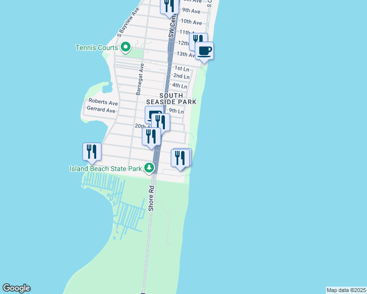 map of restaurants, bars, coffee shops, grocery stores, and more near 1 21st Avenue in Seaside Park