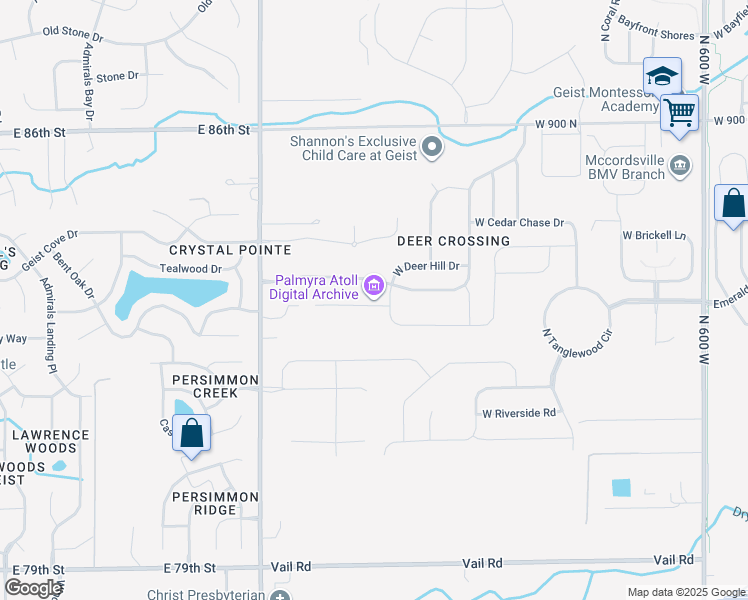 map of restaurants, bars, coffee shops, grocery stores, and more near 6736 Buck Stone Drive in McCordsville