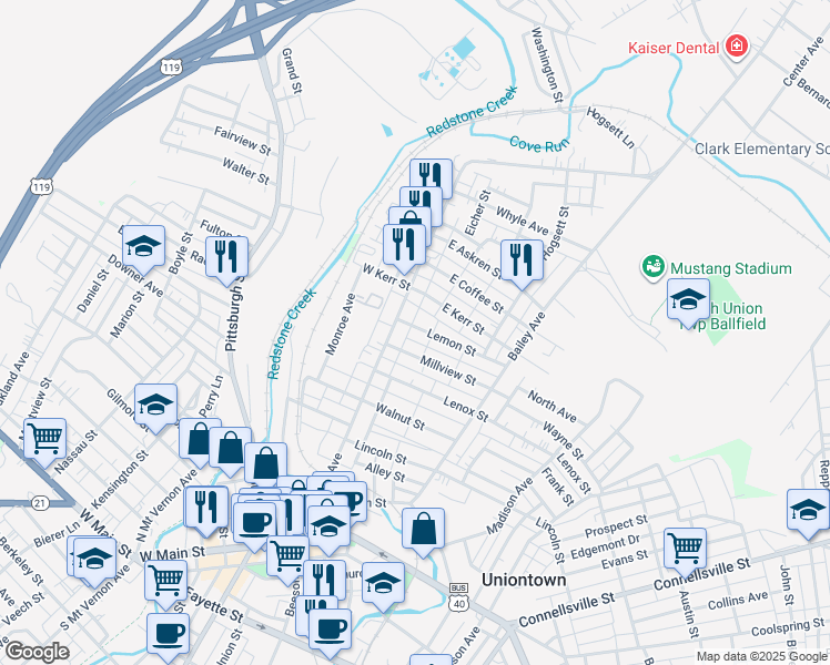 map of restaurants, bars, coffee shops, grocery stores, and more near 24 Lemon Street in Uniontown