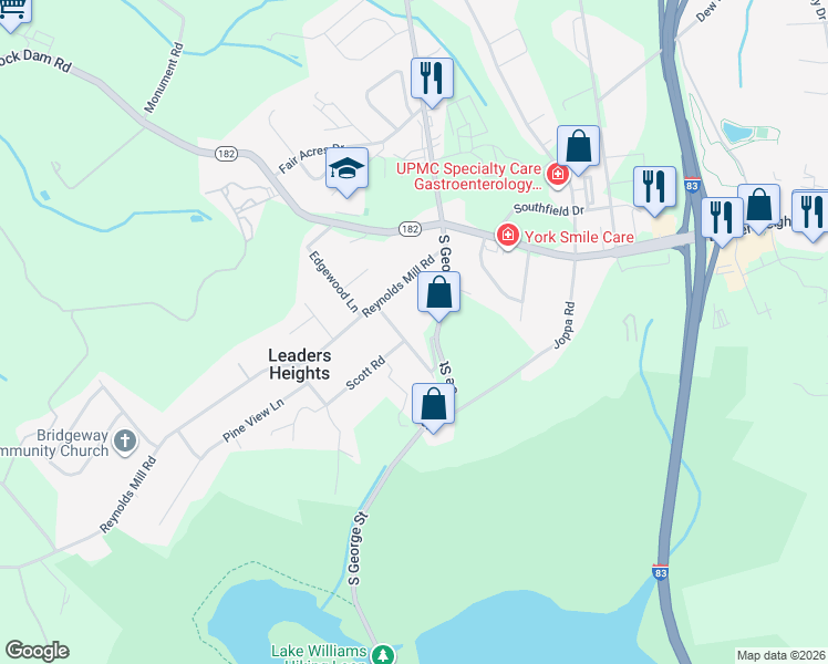 map of restaurants, bars, coffee shops, grocery stores, and more near 2623 Southern Hills Road in York