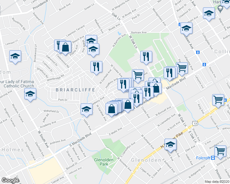 map of restaurants, bars, coffee shops, grocery stores, and more near 1074 North Academy Avenue in Glenolden