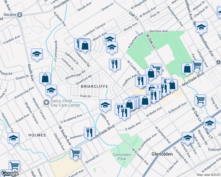 map of restaurants, bars, coffee shops, grocery stores, and more near 726 South Garfield Avenue in Glenolden
